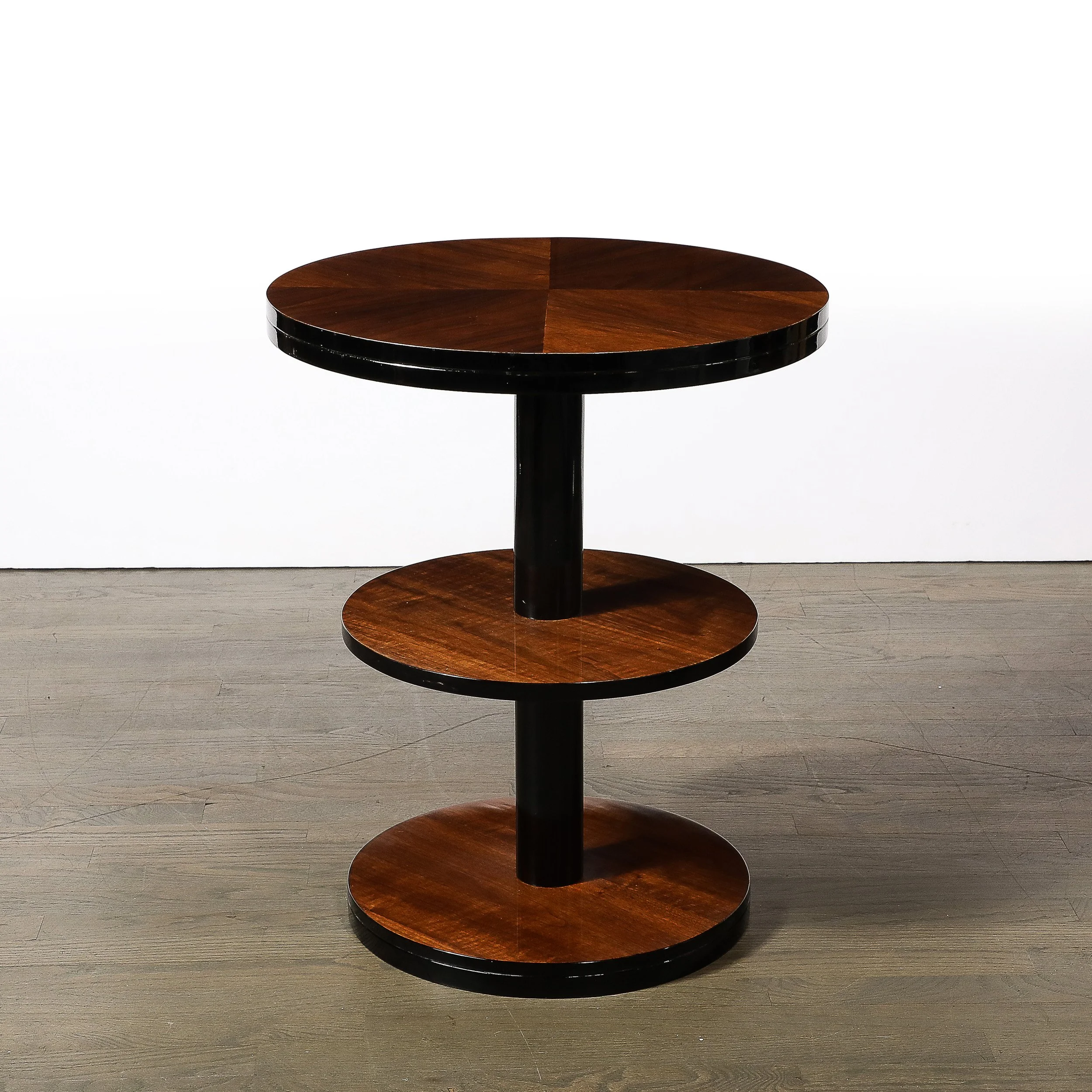 Art Deco Machine Age 3-Tier Round Side Table in Book-Matched
